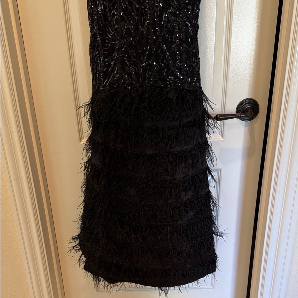bebe Black Strapless Feathered Gown - Picture 6 of 12